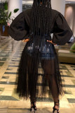ローズレッド ファッション カジュアル パッチワーク ソリッド メッシュ ベルトなし マンダリン カラー スワッガー ドレス
