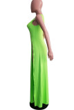 Fluorescerande grön Sexig Europa och Amerika Ärmlös O-ringad Slim Klänning Golvlånga delade klänningar