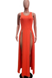 Oranje sexy Europa en Amerika mouwloze O-hals slanke jurk vloer-lengte split-jurken