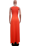 Oranje sexy Europa en Amerika mouwloze O-hals slanke jurk vloer-lengte split-jurken