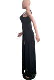 黒のセクシーなヨーロッパとアメリカのノースリーブ O ネック スリム ドレス床長さのスプリット ドレス