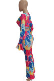colour Milk Silk Fashion adult Ma'am Street Print asymmetrical ruffle Two Piece Suits Straight Long Sleeve Two Pieces