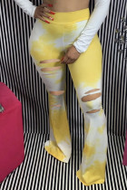 Parte inferior de pantalones con corte de bota con agujero y estampado medio con bragueta elástica de mezclas amarillas