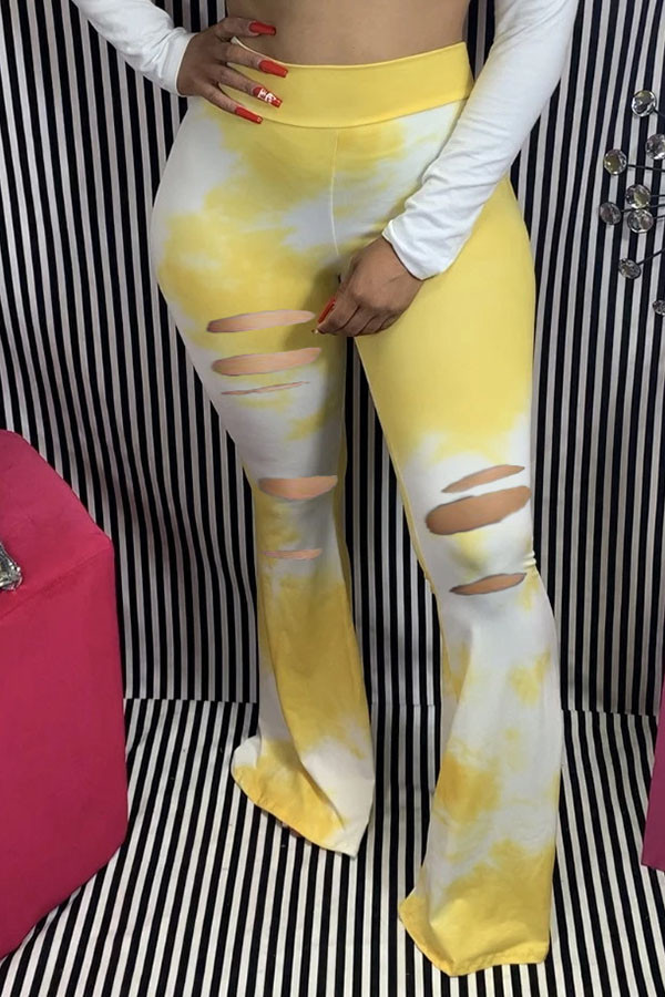 Yellow Blends Elastic Fly Mid Print Hole Boot Cut Pants Bottoms
