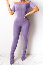Фиолетовый модный сексуальный однотонный комбинезон с коротким рукавом и воротником-стойкой