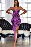 púrpura sexy correa de espagueti sin mangas slip lápiz vestido hasta el tobillo sin espalda bordado patchwo
