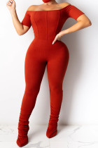 Macacões vermelhos fashion sexy sólidos de manga curta com gola de uma palavra