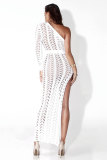 ホワイトセクシーなファッションワンショルダー長袖ワンショルダーカラーストレート足首までの長さの固体クラブドレス