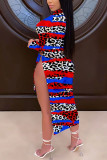 Rosso e blu Sexy maniche lunghe O collo Stampa asimmetrica alla caviglia Stampa leopardata Cravatta e abiti a catena colorante
