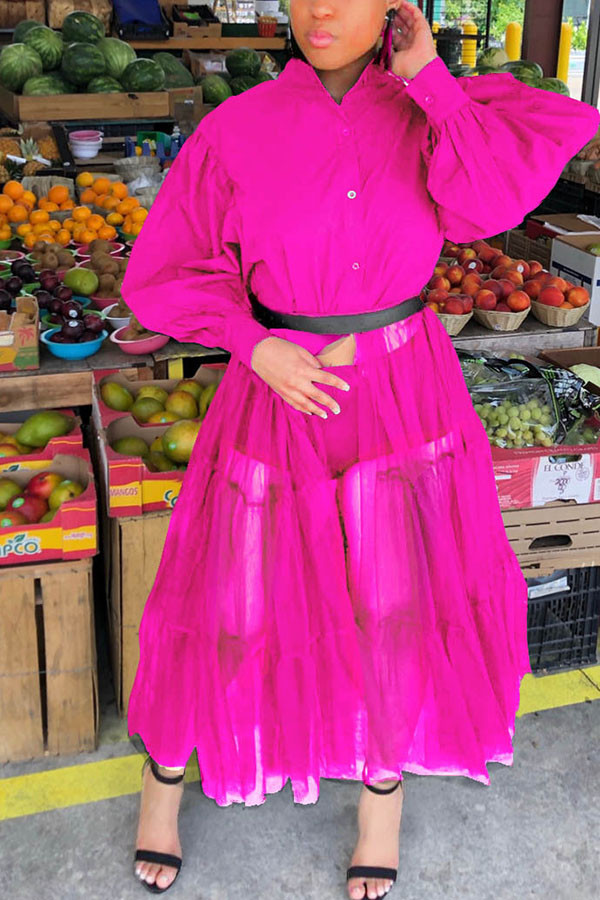 rose rouge Patchwork décontracté maille solide sans ceinture col Mandarin robe irrégulière robes de grande taille