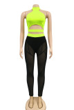 Blue Milk Silk Sexy Patchwork Solid Mesh perspective contrast color Fluorescent HOLLOWED OUT pencil Sleeveless Two Pieces