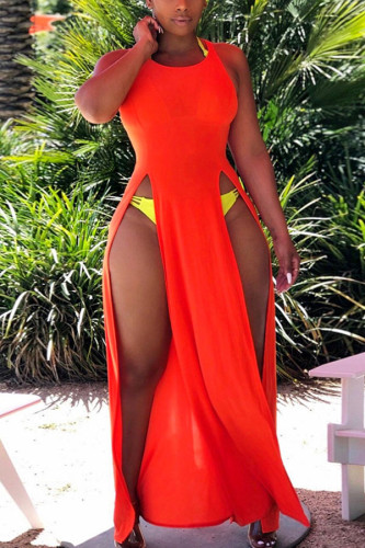 Orange Polyester Sexy Europe and America Sleeveless O neck Slim Dress Floor-Length split Dresses