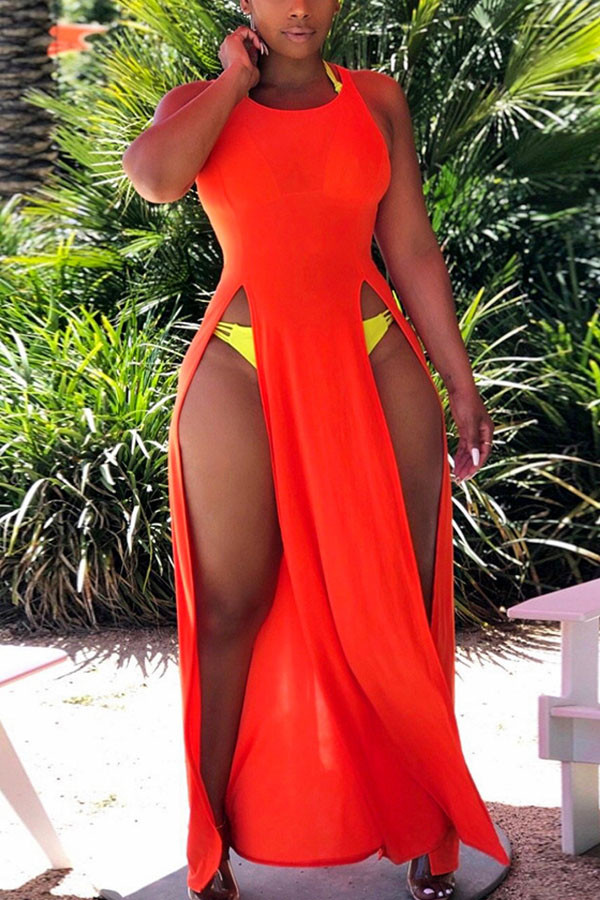 Orange Sexy Europe and America Sleeveless O neck Slim Dress Floor-Length split Dresses