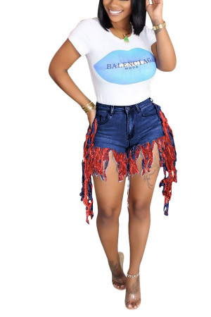 Red Tassel Design Hot Pants Distressed Fringed Denim Shorts