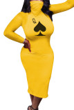 Moda amarela Europa e América Mangas compridas Vestido lápis com gola alta Vestidos com estampa de meia panturrilha