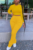 Gelbe Mode für Erwachsene, Ma'am Street Solid, drapierte Zweiteiler, Bleistift-Langarm-Zweiteiler