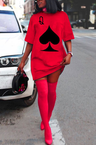 Red Fashion Casual adult Ma'am Cap Sleeve Short Sleeves O neck A-Line Knee-Length Print Dresses