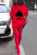 Moda vermelha casual adulto senhora manga curta manga curta gola redonda vestidos estampados na altura do joelho