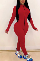 Red Fashion Sexy Solide rits Melk. Jumpsuits met lange mouwen en O-hals