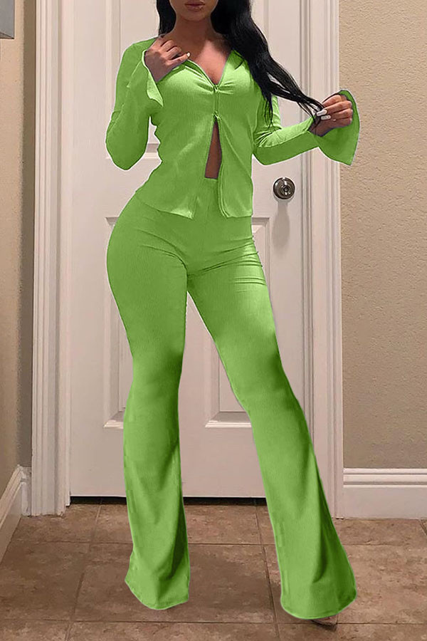 Verde fluorescente Bragueta elástica Manga larga Mediados de color sólido Pantalones sueltos Partes inferiores