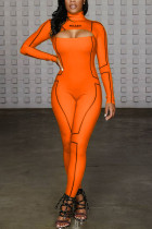 Orange Fashion Print Backless Milch. Langarm-Overalls mit O-Ausschnitt