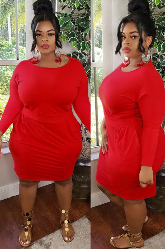 Red Fashion Casual adult Ma'am O Neck Solid Plus Size