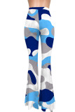 Bas de pantalon skinny bleu élastique à volants et imprimé mi-long