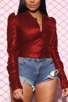 Cardigan de PU vermelho manga longa blusas sólidas