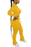 Amarelo moda adulto senhora rua sólido drapeado ternos de duas peças lápis manga longa duas peças