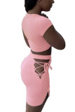 ピンクファッションセクシーな大人の奥様固体ツーピーススーツストレート半袖ツーピース