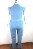Light Blue Europe and America Turndown Collar Solid Hole washing Plus Size