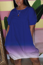 Синие повседневные прямые мини-платья с короткими рукавами и круглым вырезом