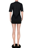 Черная мода для взрослых Ma'am Street с короткими рукавами и короткими рукавами с круглым вырезом Ступенчатая юбка юбка платья с принтом