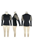 Black O Neck Long Sleeve Patchwork Solid Tops