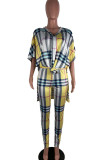 Yellow Milk Silk Fashion Casual adult Ma'am Plaid Print Two Piece Suits pencil Half Sleeve Two Pieces