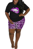 Фиолетовый модный повседневный костюм из двух предметов для взрослых Ma'am с круглым вырезом и принтом размера плюс