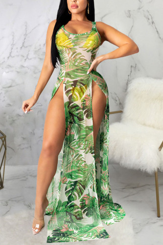 Green Print Mesh asymmetrical Dresses