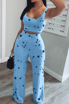 Sky Blue Fashion adulte Ma'am OL Print Two Piece Suits Straight Sleeveless Two Pieces