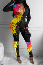 Black yellow Sexy Print Long Sleeve V Neck Jumpsuits