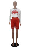 Red Casual Letter Print Solid Straight Long Sleeve Two Pieces