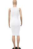 ホワイト ファッション セレブ 大人 マアム タンク ノースリーブ O ネック ステップ スカート 膝丈 ソリッド ドレープ ドレス