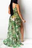 Green Print Mesh asymmetrical Dresses