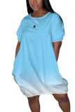 Vestidos azuis casuais mangas curtas O pescoço retos mini-vestidos sólidos