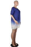 Голубые повседневные мини-платья с короткими рукавами и круглым вырезом, прямые мини-платья