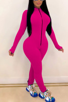 Pink Fashion Sexy Leite com zíper sólido. Macacão manga longa gola O