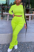 Verde fluorescente moda adulto senhora rua sólido drapeado ternos de duas peças lápis manga longa duas peças