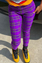 purple Polyester Zipper Fly Mid Plaid Straight Pants Bottoms