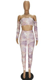 Pink Blends Sexy Print backless Draped HOLLOWED OUT pencil Long Sleeve Two Pieces