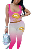 Pink Sexy Europe and America Print Lips Print pencil Sleeveless Two Pieces