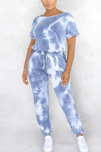 Grey Fashion street Tie-dyed Milk. Short Sleeve O Neck Jumpsuits
